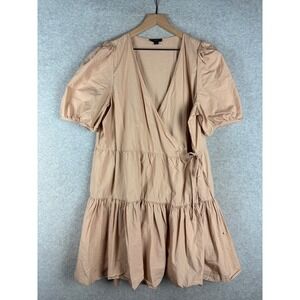 J Crew Dress Womens XL Beige Wrap Front‎ Puff Sleeve Ruffle Casual Party